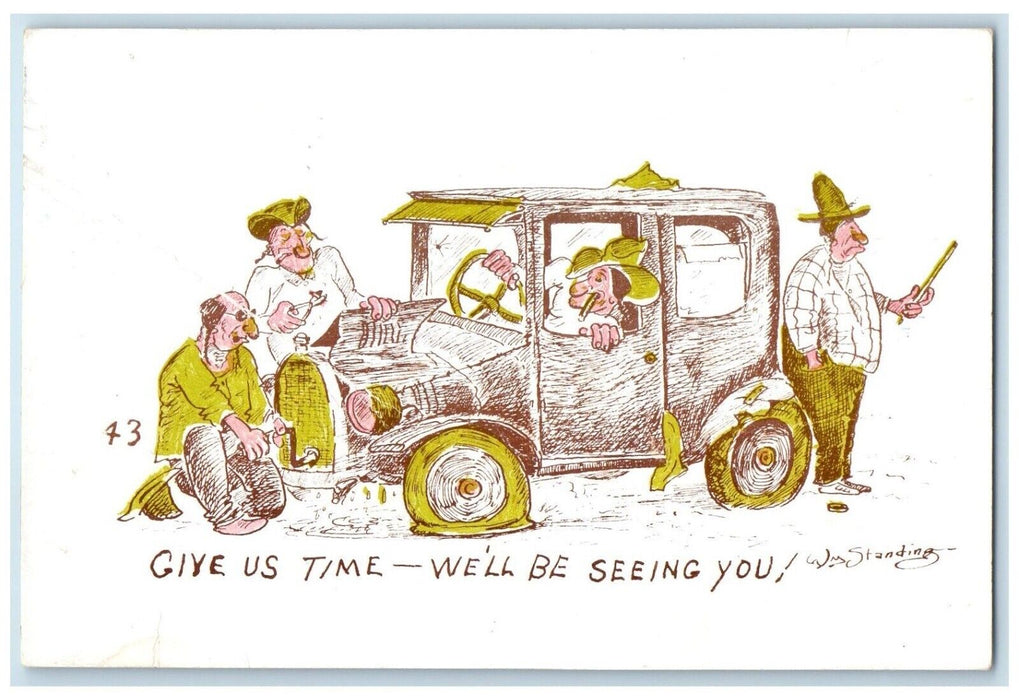 1959 Man Smoking Cigarette Broken Down Car Humor We Will Be Seeing You Postcard