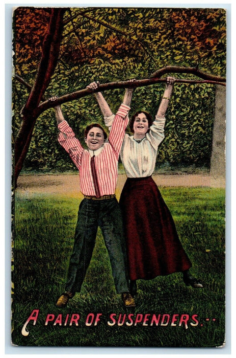 c1910's A Pair Of Suspenders Couple Hanging On A Tree Winsch Back Postcard