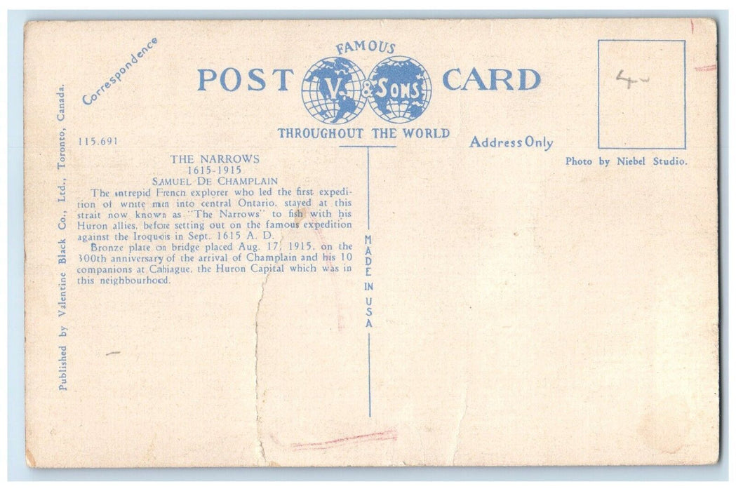 c1940's Athlerley Bridge Crossing Narrows Orillia Ontario Canada Postcard