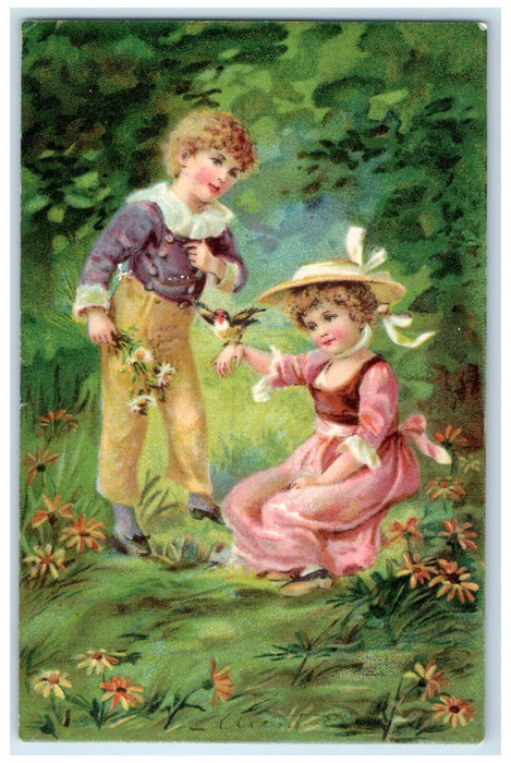 1908 Children Daisy Flowers And Bird Hopewell NS Canada Posted Antique Postcard