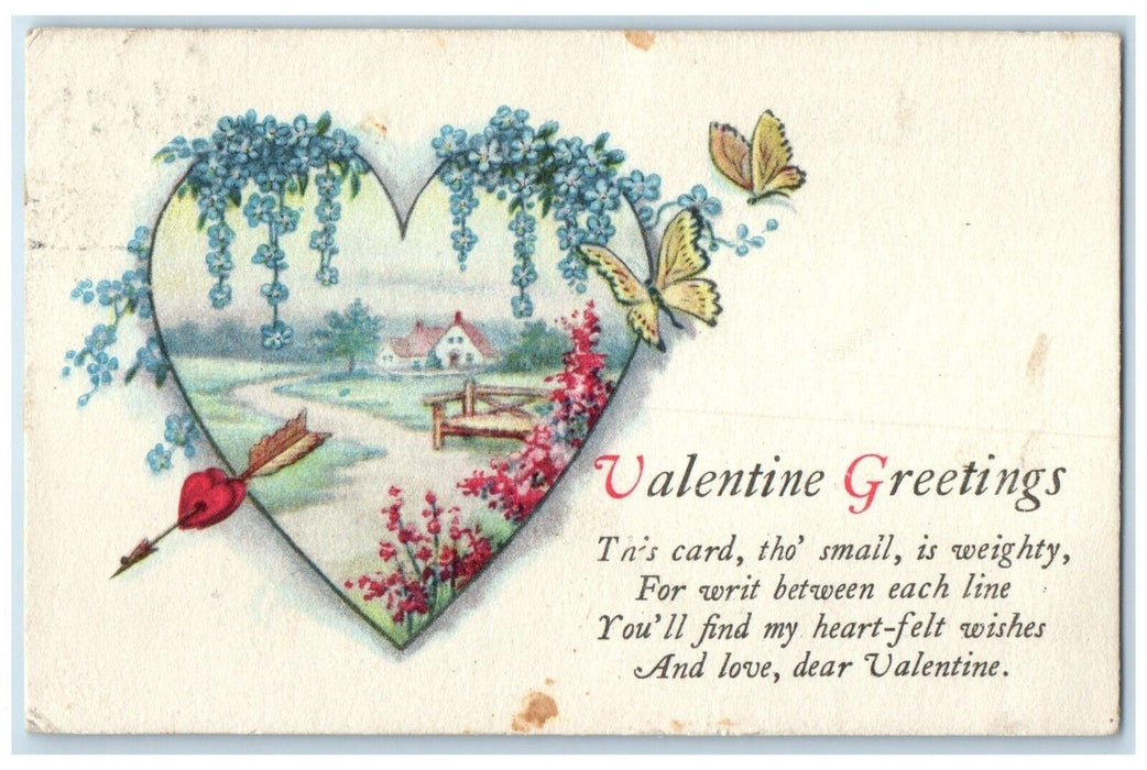 c1910's Valentine Greetings Heart Flowers Butterfly Lunenburg NS Canada Postcard