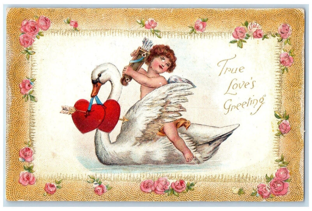 c1910's Love Greetings Cupid Angel Riding Swan With Hearts Canada Postcard