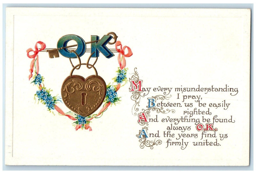 c1910's Valentine Heart Padlock OK Flowers Embossed Lunenburg NS Canada Postcard