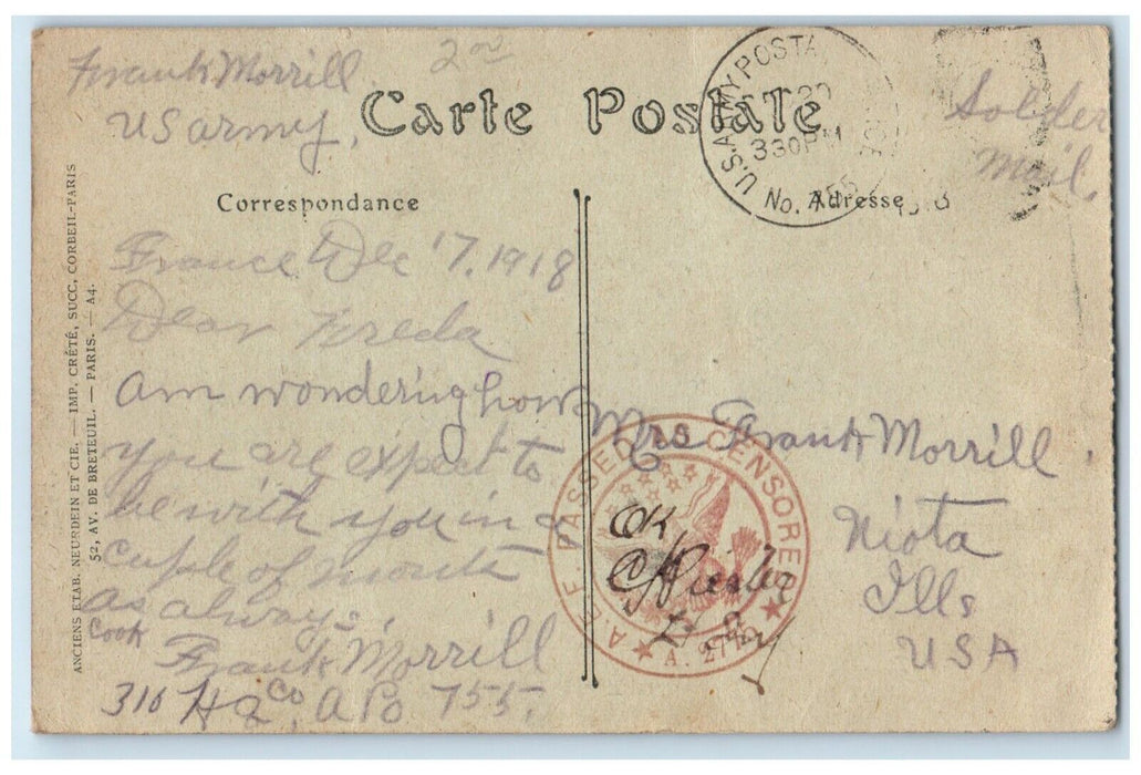 1918 Liberty Square Semur France WW1 Soldier Mail APO Passed Censor Postcard