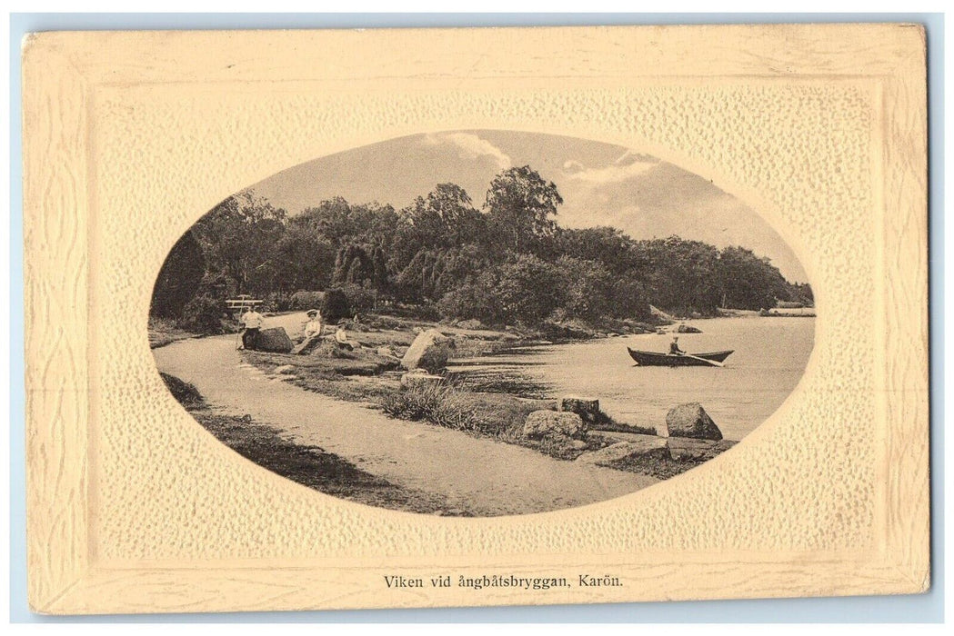 c1910 The Bay At Angbatsbryggan Karon Stockholm Sweden Embossed Postcard