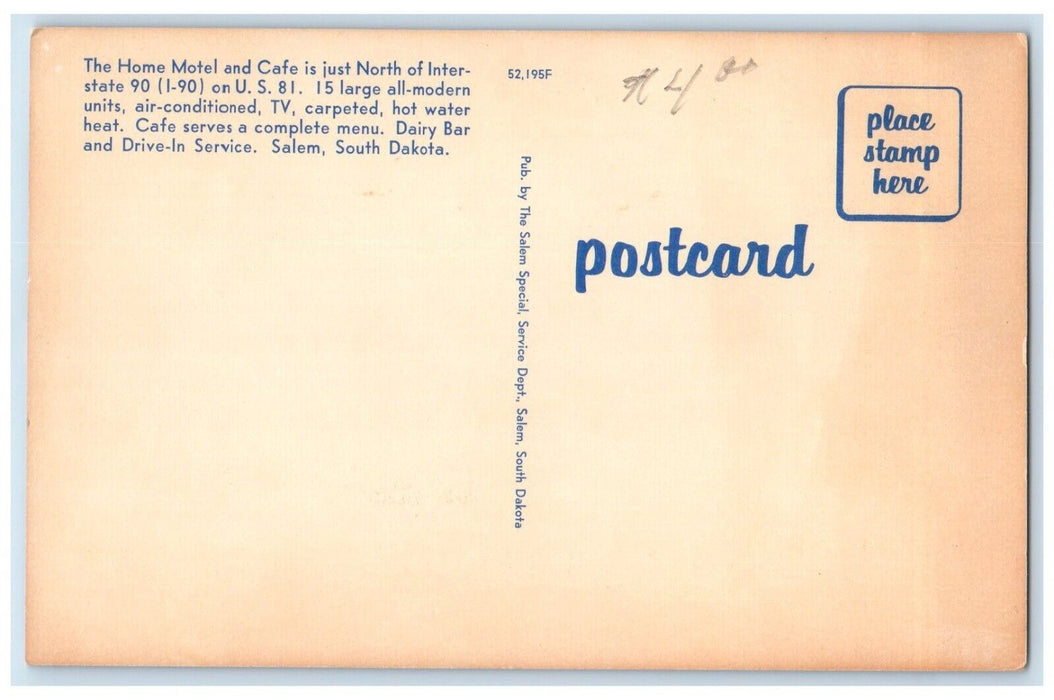 c1950's Home Motel And Cafe Cars Salem South Dakota SD Dual View Postcard