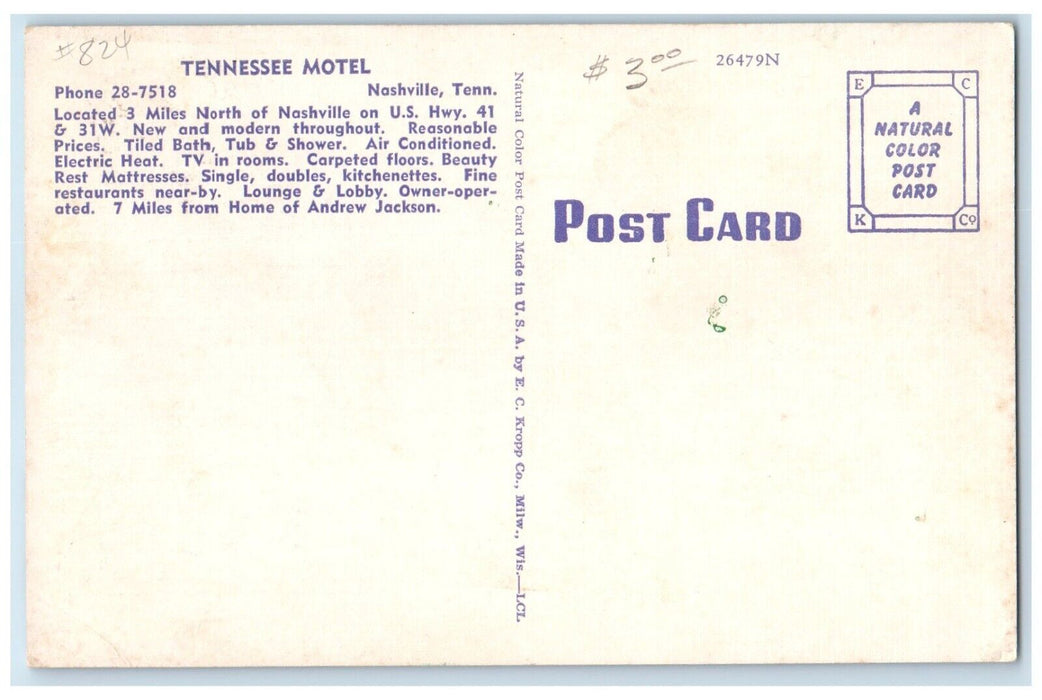 c1950's Tennessee Motel Nashville Tennessee TN Dual View Vintage Postcard