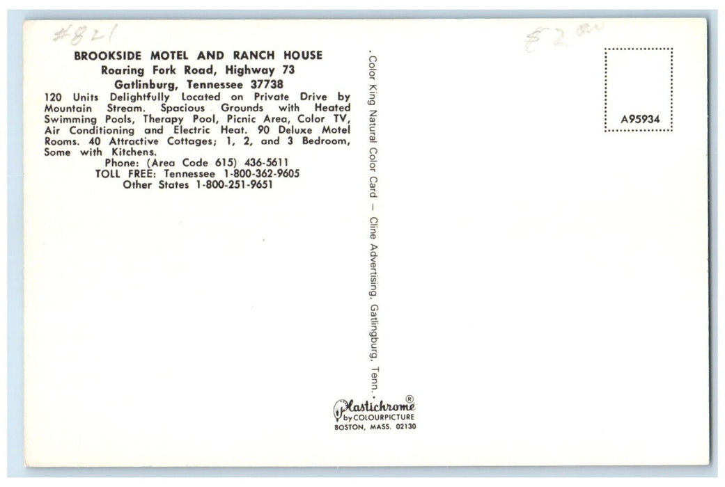 c1950's Brookside Motel And Ranch House Pool Gatlinburg Tennessee TN Postcard