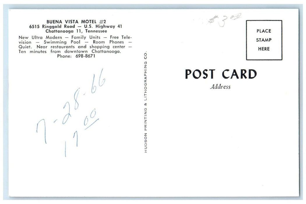 1966 Buena Vista Motel Swimming Pool Scene Car Chattanooga Tennessee TN Postcard