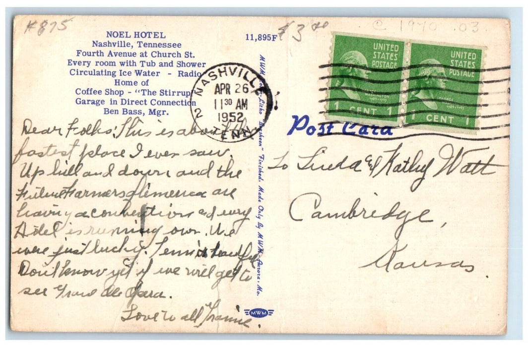 1952 Noel Hotel Building Cars Night View Nashville Tennessee TN Vintage Postcard