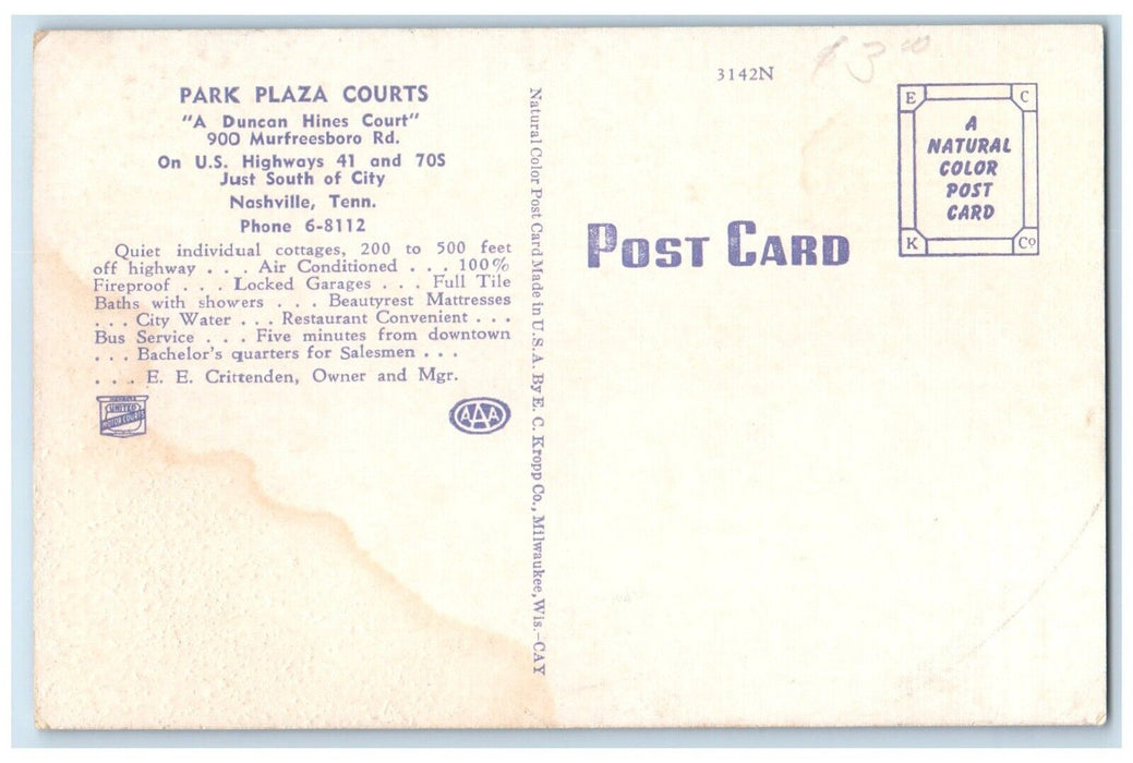 c1950's Park Plaza Courts Nashville Tennessee TN Multiview Vintage Postcard