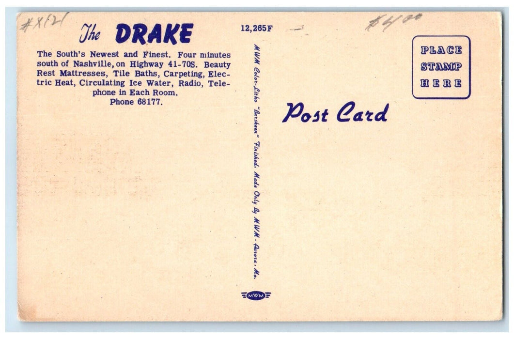c1950's Drake Hotel Courts Roadside Nashville Tennessee TN Vintage Postcard