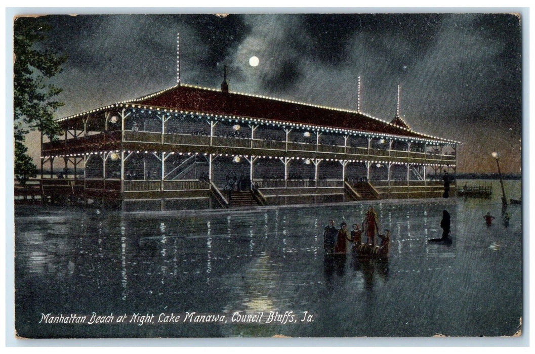 1915 Manhattan Beach Night Lake Manawa Council Bluffs Iowa IA Vintage Postcard