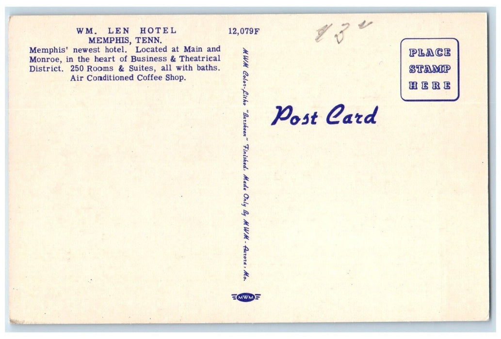 c1940's Hotel William Len Building Scene Street Memphis Tennessee TN Postcard
