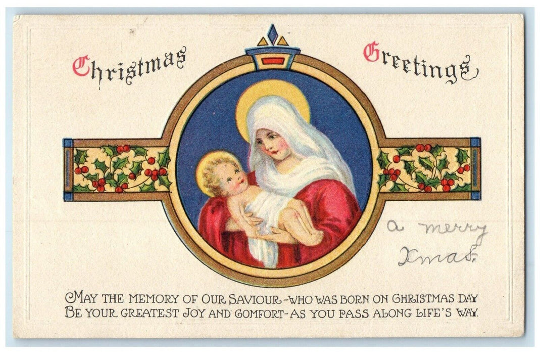 1926 Christmas Greetings Religious Holly Berries Embossed Lunenburg NS Postcard