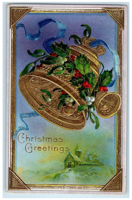 Christmas Greetings Ringing Bells Holly Berries Mistletoe Gel Gold Gilt Postcard