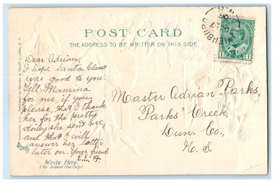 c1910's Christmas Song Birds Pine Leaf Embossed Park's Creek NS Canada Postcard