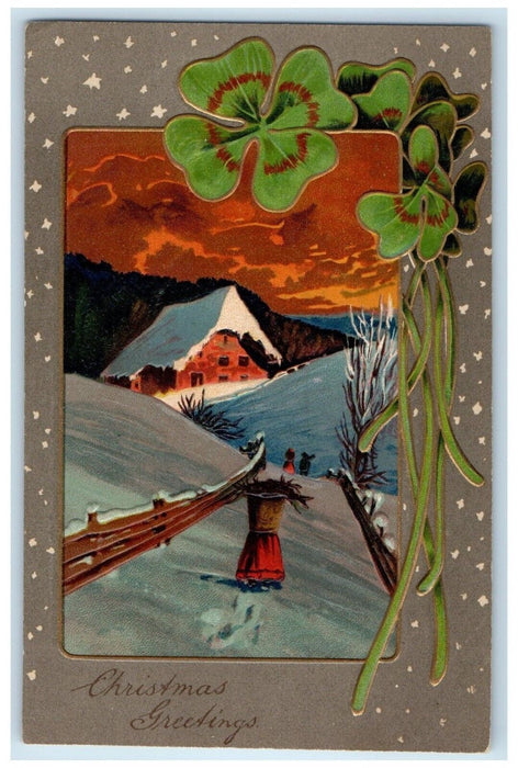 c1910's Christmas Greetings Shamrock Winter Scene Endfield Hants Co. NS Postcard