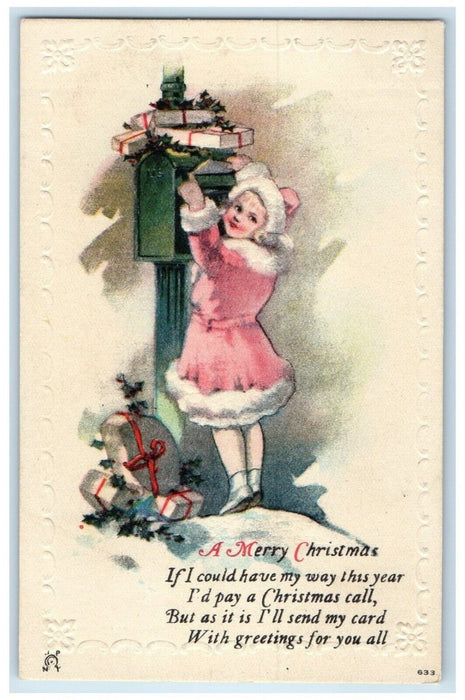 c1910's Christmas Girl Collecting Gifts Embossed Lunenburg NS Antique Postcard