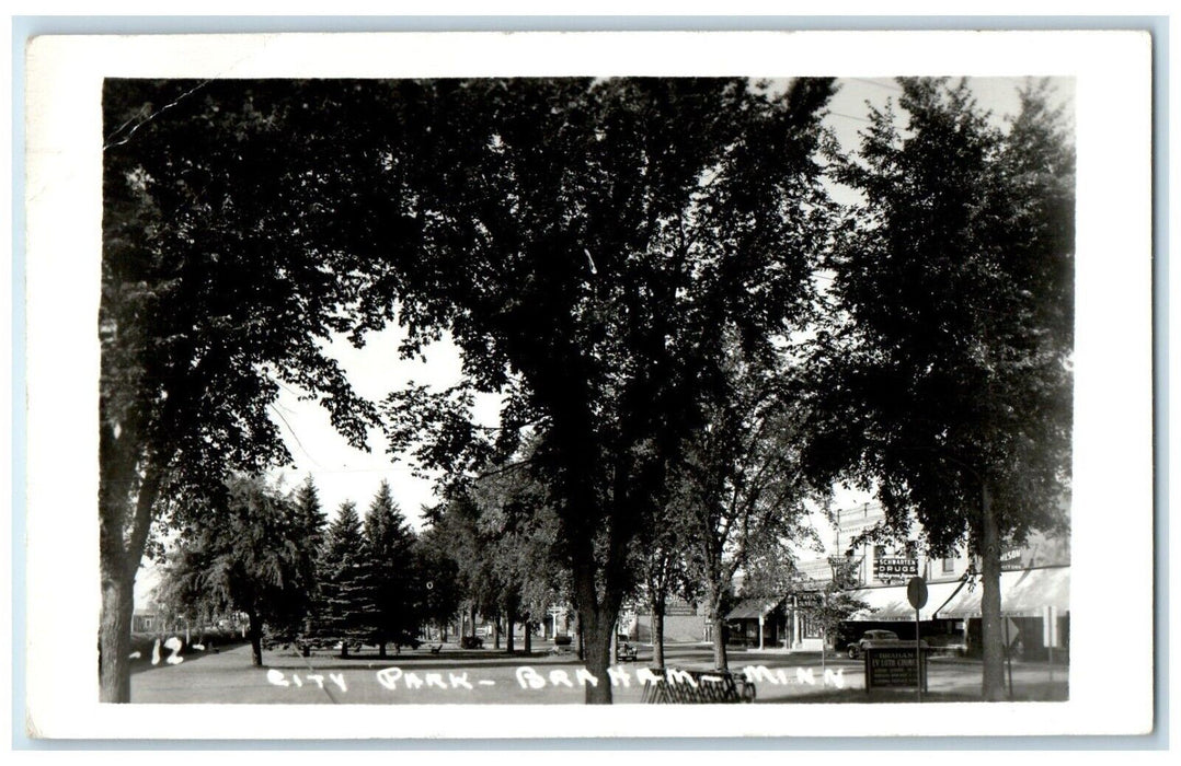 1952 View Of City Park Drugs Store Barham Minnesota MN RPPC Photo Postcard