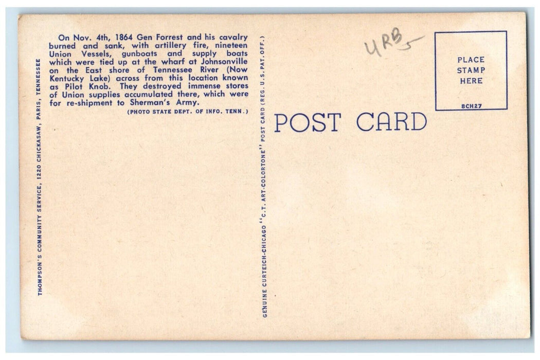 c1940 Nathan Bedford Forrest Memorial Pilot Knob Camden Tennessee TN Postcard