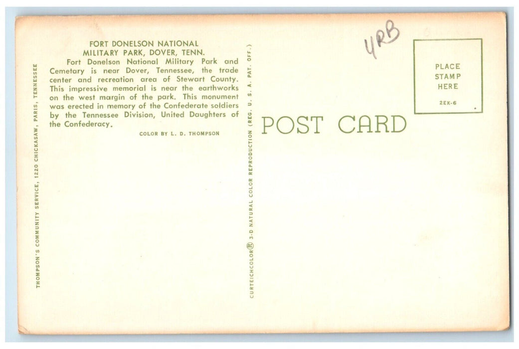1960 Confederate Monument Fort Donelson National Military Park Dover TN Postcard