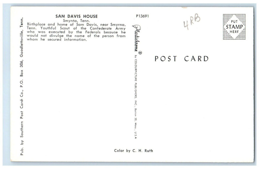 1960 Exterior View Sam Davis Birthplace House Smyrna Tennessee Unposted Postcard