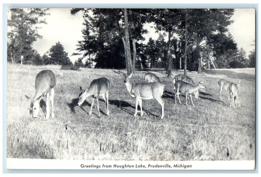 1949 Greetings From Houghton Lake Prudenville MI, Deer RPPC Photo Postcard