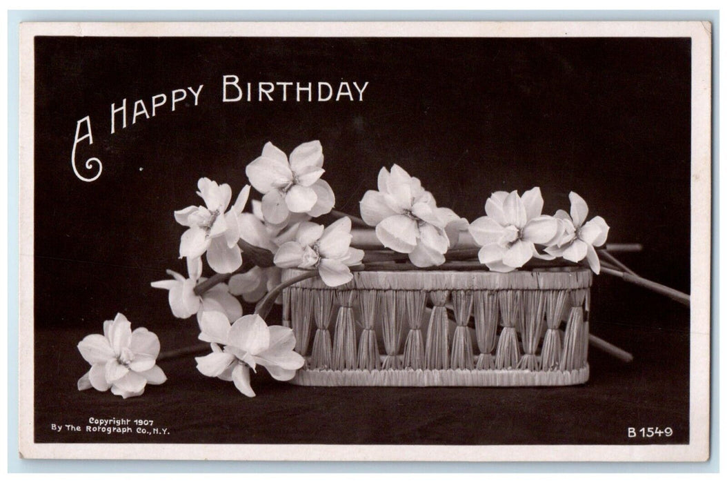 1908 Birthday Flowers In Basket Kirwin Kansas KS RPPC Photo Antique Postcard