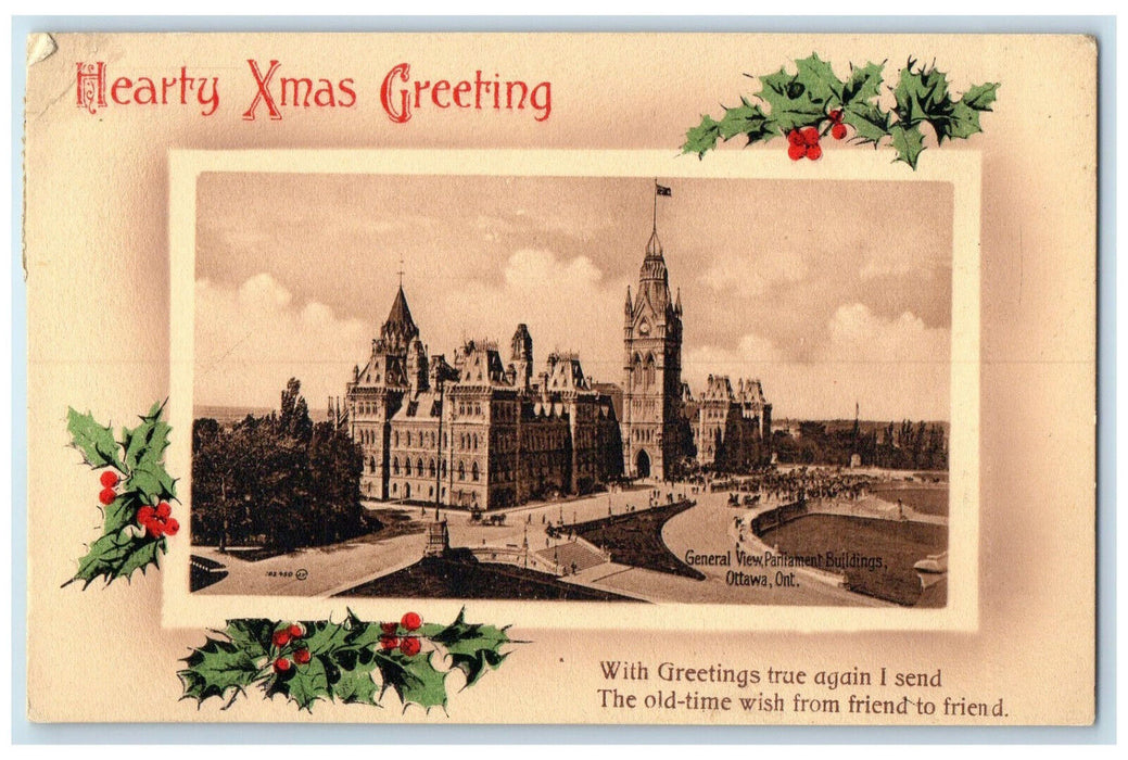 1914 Hearty Xmas Greeting Parliament Buildings Ottawa Canada Postcard