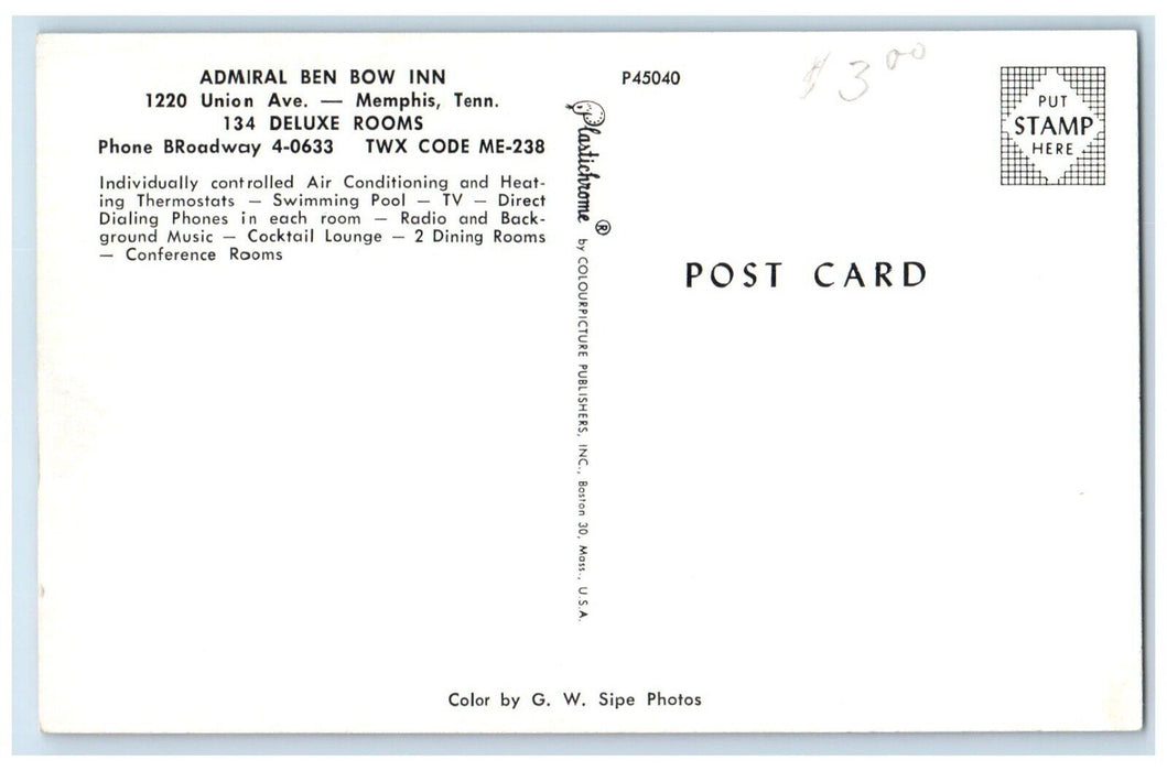 c1950's Admiral Ben Bow Inn Motel Memphis Tennessee TN Multiview Postcard