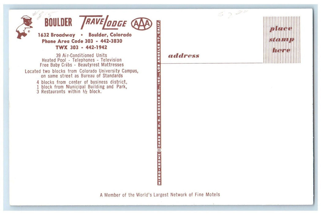 c1950's Boulder Travel Lodge Motel Hotel Pool Cars Boulder Colorado CO Postcard
