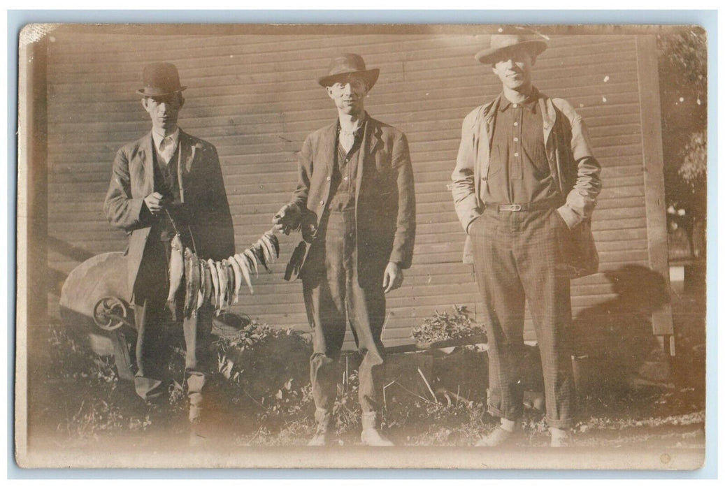 c1910's Fishing Party Men Displayed Good Catch RPPC Photo Antique Postcard