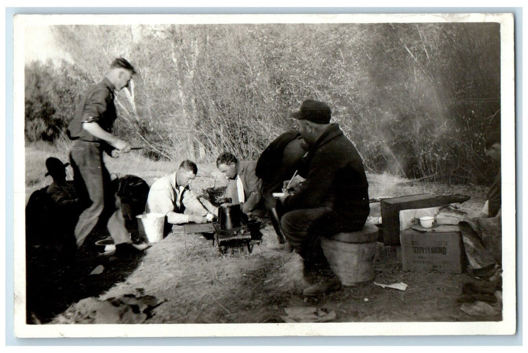 c1910's Patriotic Men Camping Tent Cooking # 3 RPPC Photo Antique Postcard
