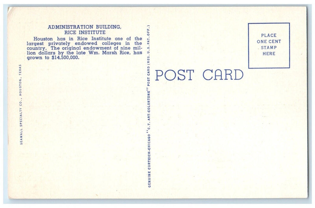 c1940 Administration Building Physics Building Rice Institute Houston Postcard