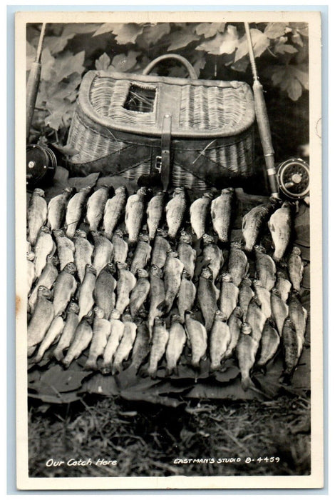 c1940's Out Catch Here Fishes Basket Eastman's RPPC Photo Vintage Postcard