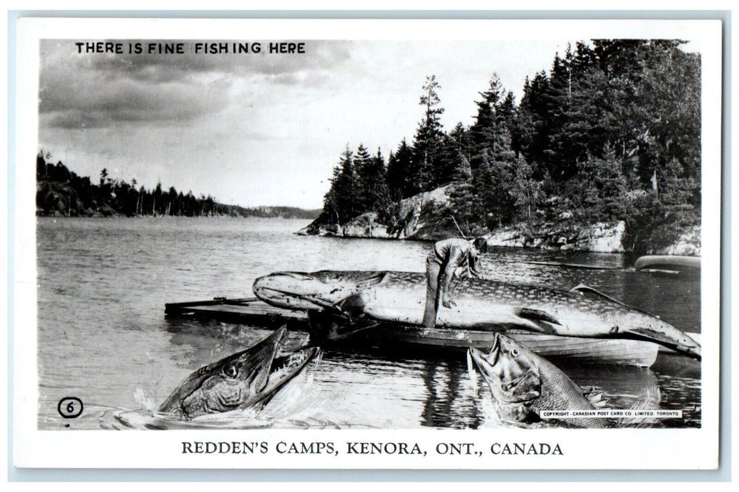 Redden's Camps Kenora Ontario Canada, Exaggerated Fish RPPC Photo Postcard