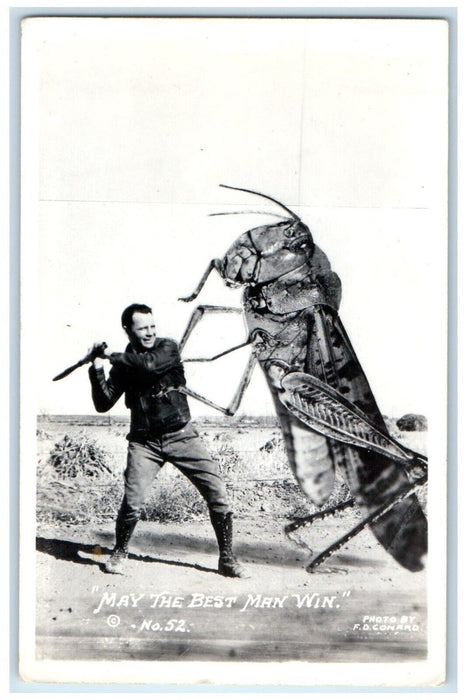 Man Exaggerated Grasshopper Fighting May The Best Man Win RPPC Photo Postcard