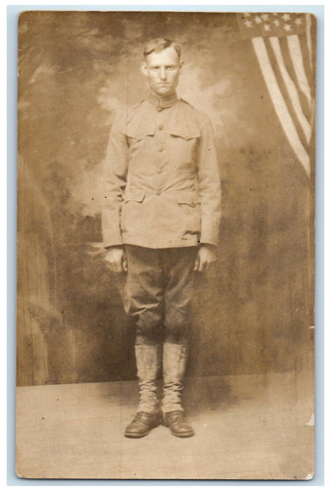 Geo Montgomery WW1 Soldier Studio Portrait Patriotic Flag RPPC Photo Postcard
