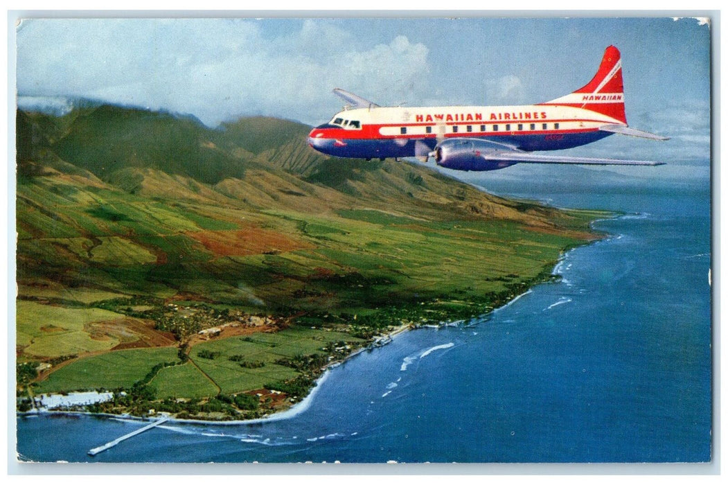 1963 Hawaiian Airlines Super Convair Over Maui Coast Kailua-Kona HI Sea Postcard