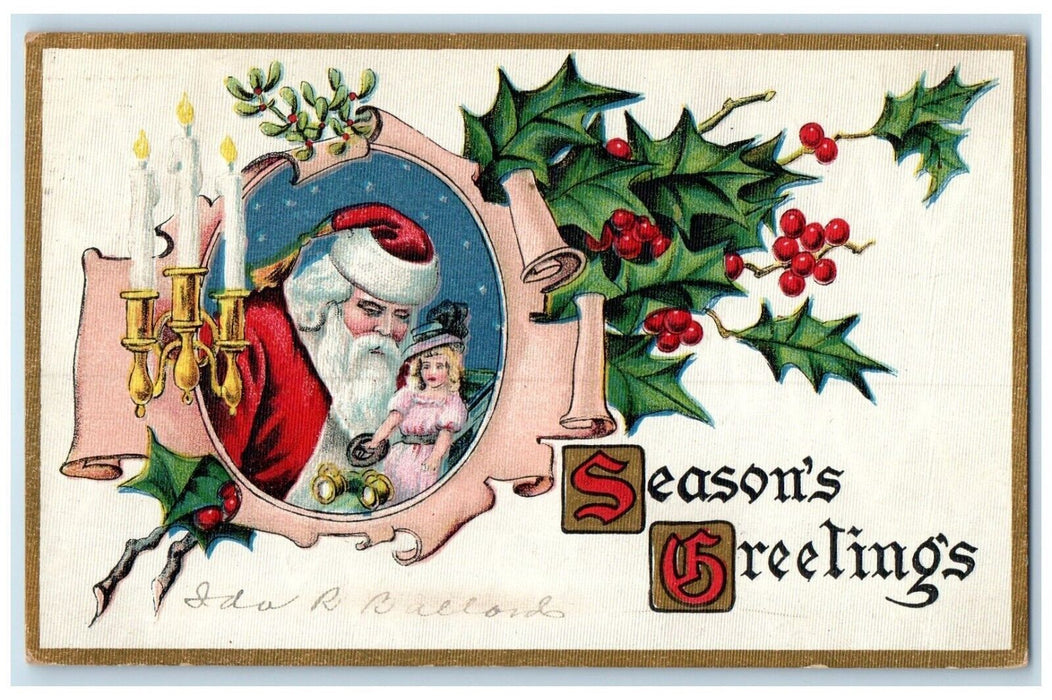 c1910's Season's Greetings Santa Claus Toys Candles Berries Embossed Postcard