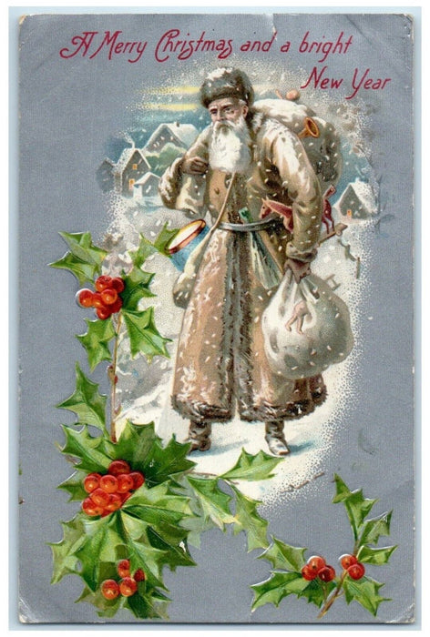 1908 Christmas Brown Robe Santa Claus Sack Of Toys Winsch Back Embossed Postcard