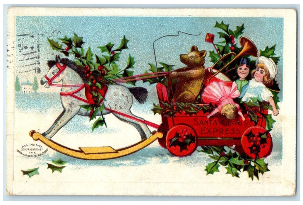 1908 Christmas Holly Berries Rocking Horse Wagon Berries Clapsaddle Postcard