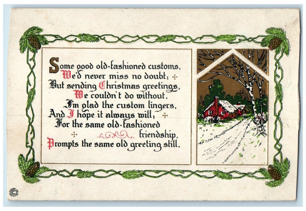 1922 Christmas Greetings Pine Cone Arts Crafts Embossed Lunenburg NS Postcard