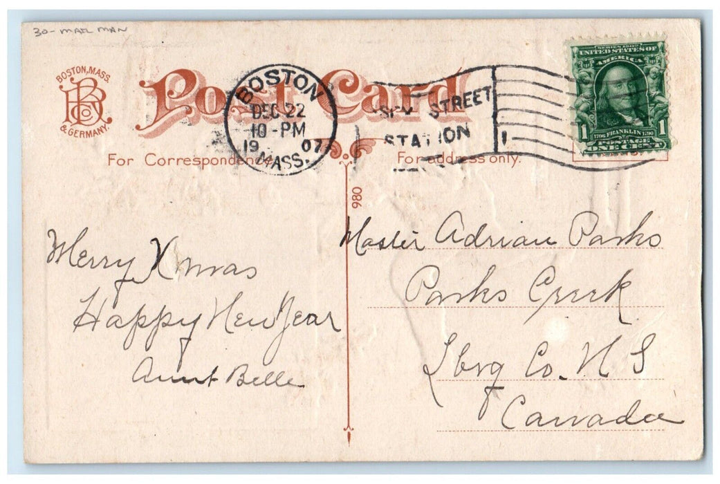 1907 Christmas Mail Man Holly Berries Embossed Boston Massachusetts MA Postcard