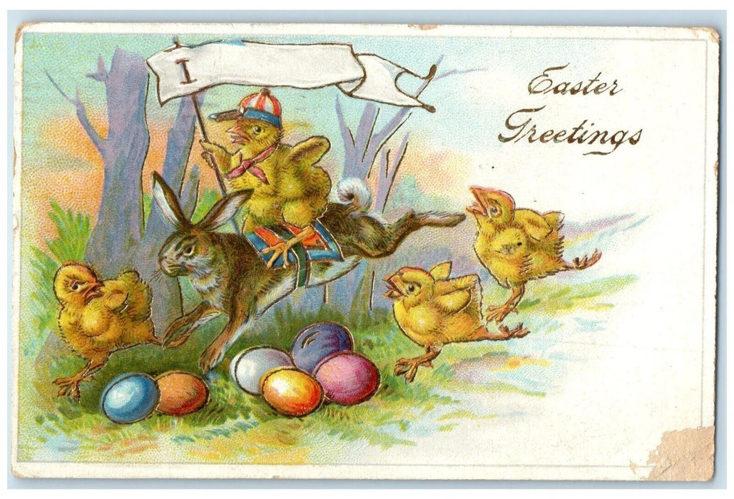 1907 Easter Greetings Anthropomorphic Rabbit Chicks Embossed NY Antique Postcard