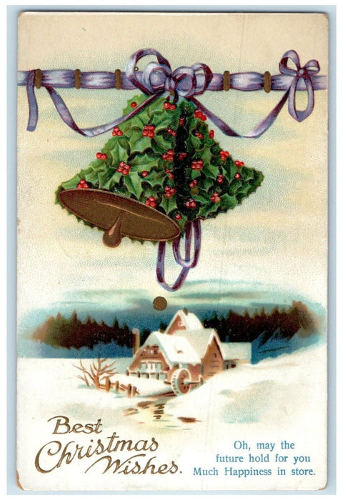 1912 Christmas Mill Winter Bells Covered Berries Clapsaddle Omaha NE Postcard