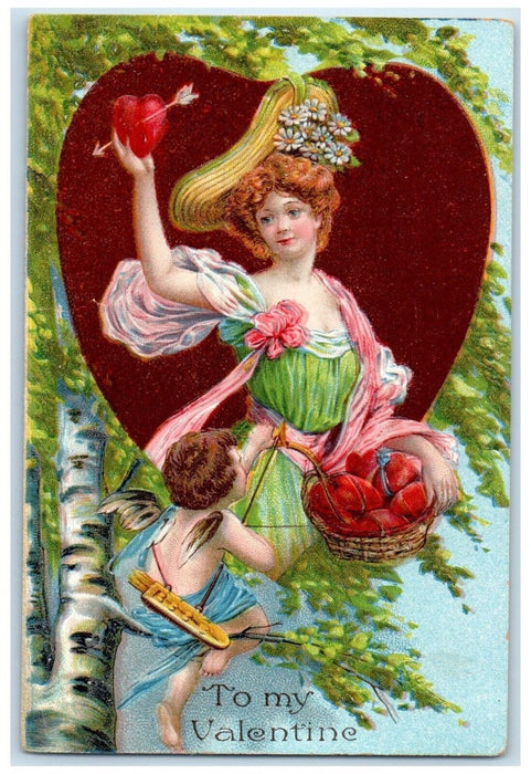 c1910's Valentine Pretty Woman Cupid Angel Hearts In Basket Embossed Postcard