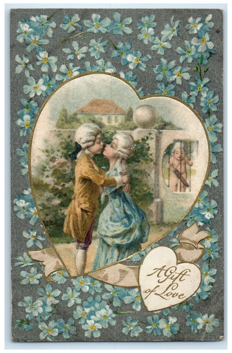 Valentine Couple Romance Kissing Cupid Angel Winsch Back Embossed Postcard