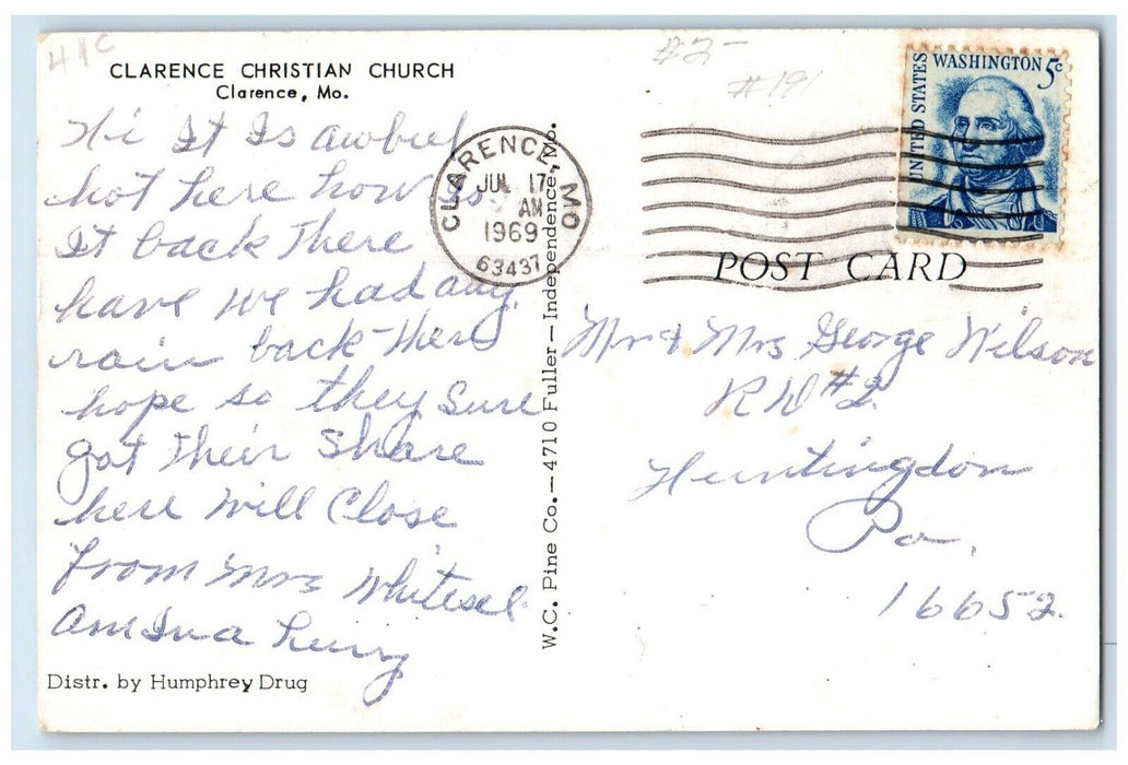 1969 Clarence Christian Church Exterior Building Clarence Missouri MO Postcard